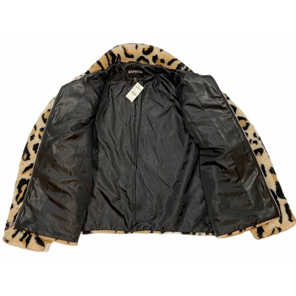 NWT EXPRESS Faux Fur Jacket LARGE Animal Print Browns Full Zip Pockets - Picture 3 of 6